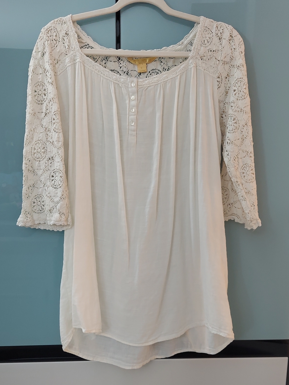 April Cornell Top, Sz S, White Lace, Tunic, Crochet Sleeves, Cotton